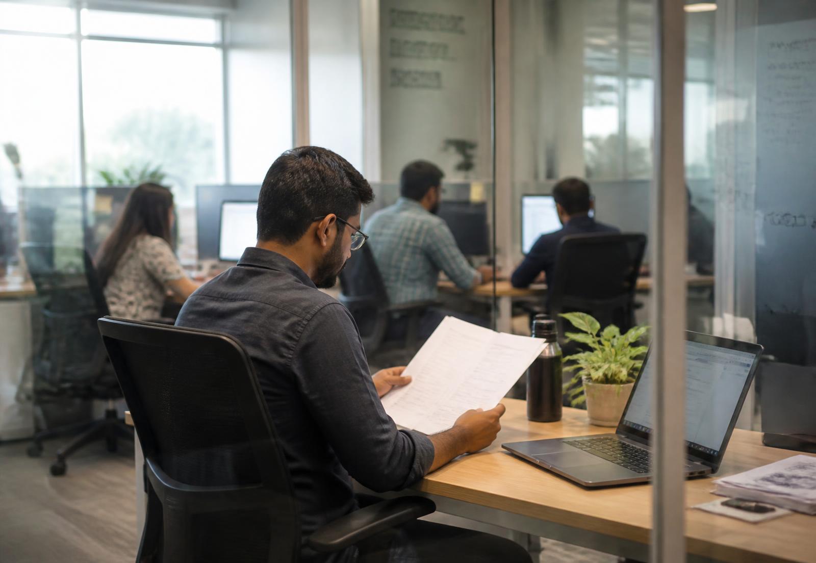 A person reading documents at a desk seen from behind, with colleagues working at monitors through a glass office partition