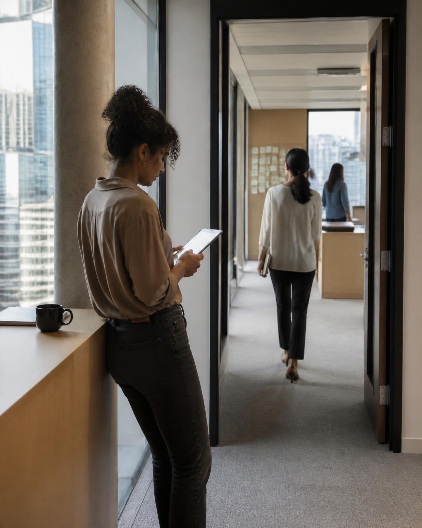 A woman uses a tablet near a window while another walks away down a corridor, with city towers visible outside