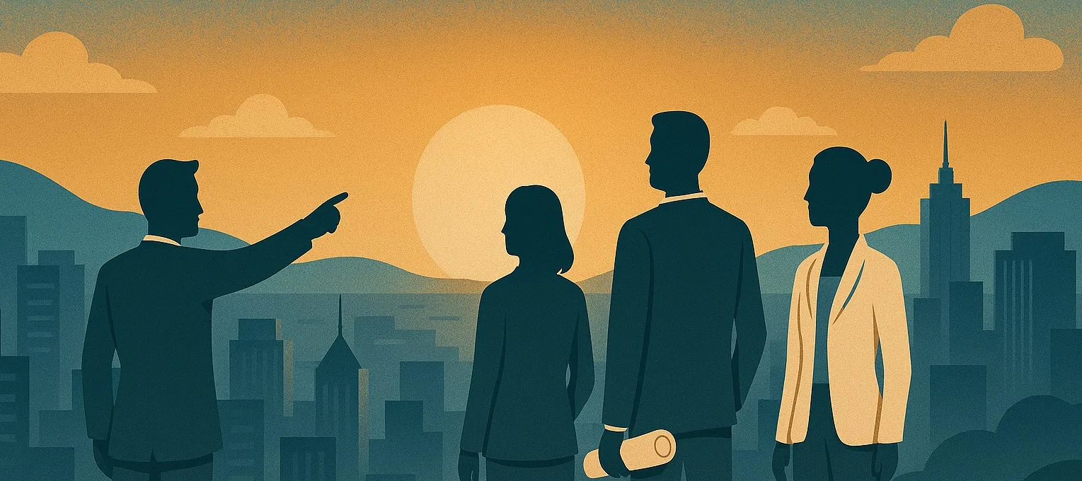 Silhouettes of a diverse team overlooking a city at sunset, symbolizing future vision and strategy.