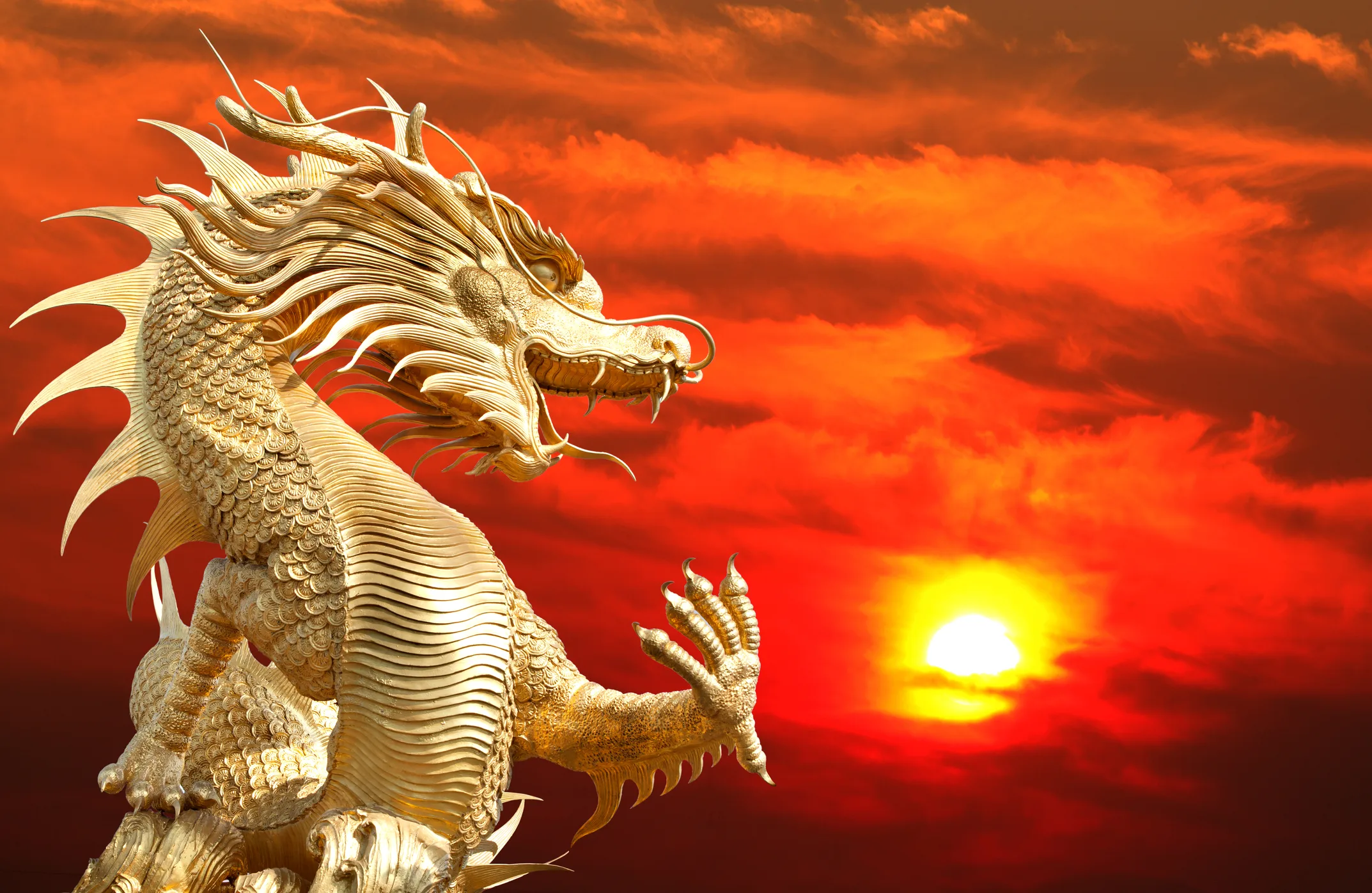 A golden dragon statue against a vibrant sunset, representing the rise of 'dragon' tech firms in Central and Eastern Europe.