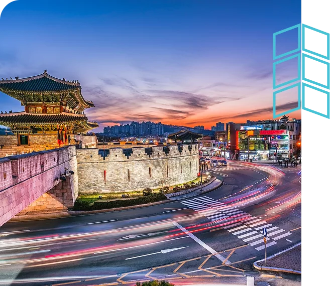 Traditional gateway leading into a modern, bustling city, showing seamless transition and new opportunities.