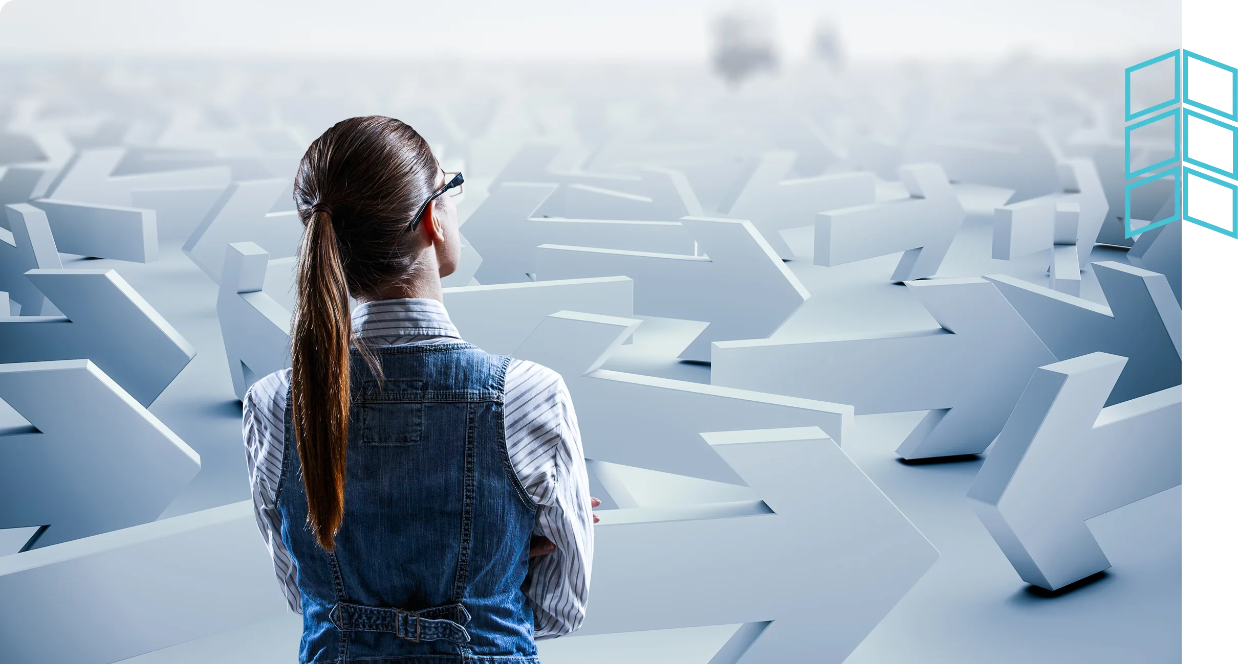 Woman navigating a complex, maze-like path, symbolizing business challenges and the need for reinvention.