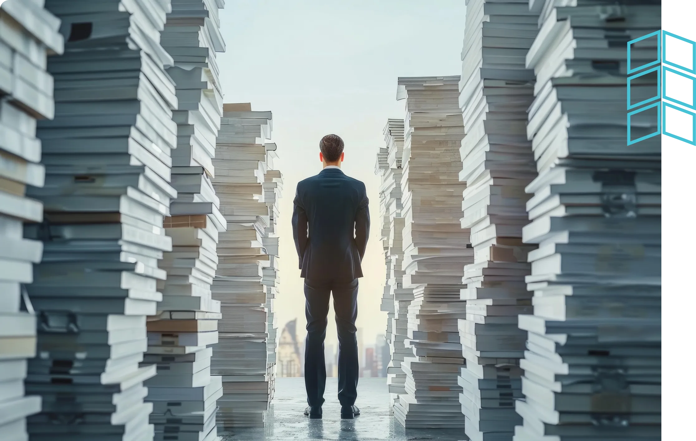 Man facing a towering maze of paperwork, symbolizing bureaucratic challenges and slow transformation in the public sector.