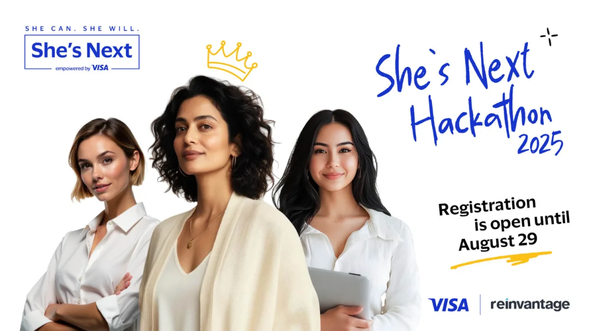 Three confident female entrepreneurs standing together promoting the She’s Next Hackathon 2025, an international business strategy competition by Visa and Reinvantage supporting women-led innovation.