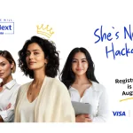 Three confident female entrepreneurs standing together promoting the She’s Next Hackathon 2025, an international business strategy competition by Visa and Reinvantage supporting women-led innovation.