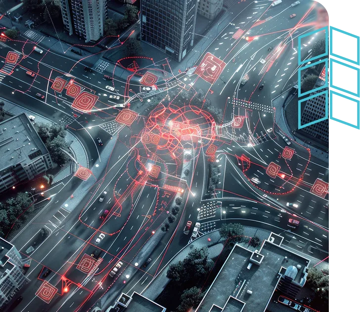 Aerial view of a city intersection with data overlays, representing smart city analytics and competitiveness.