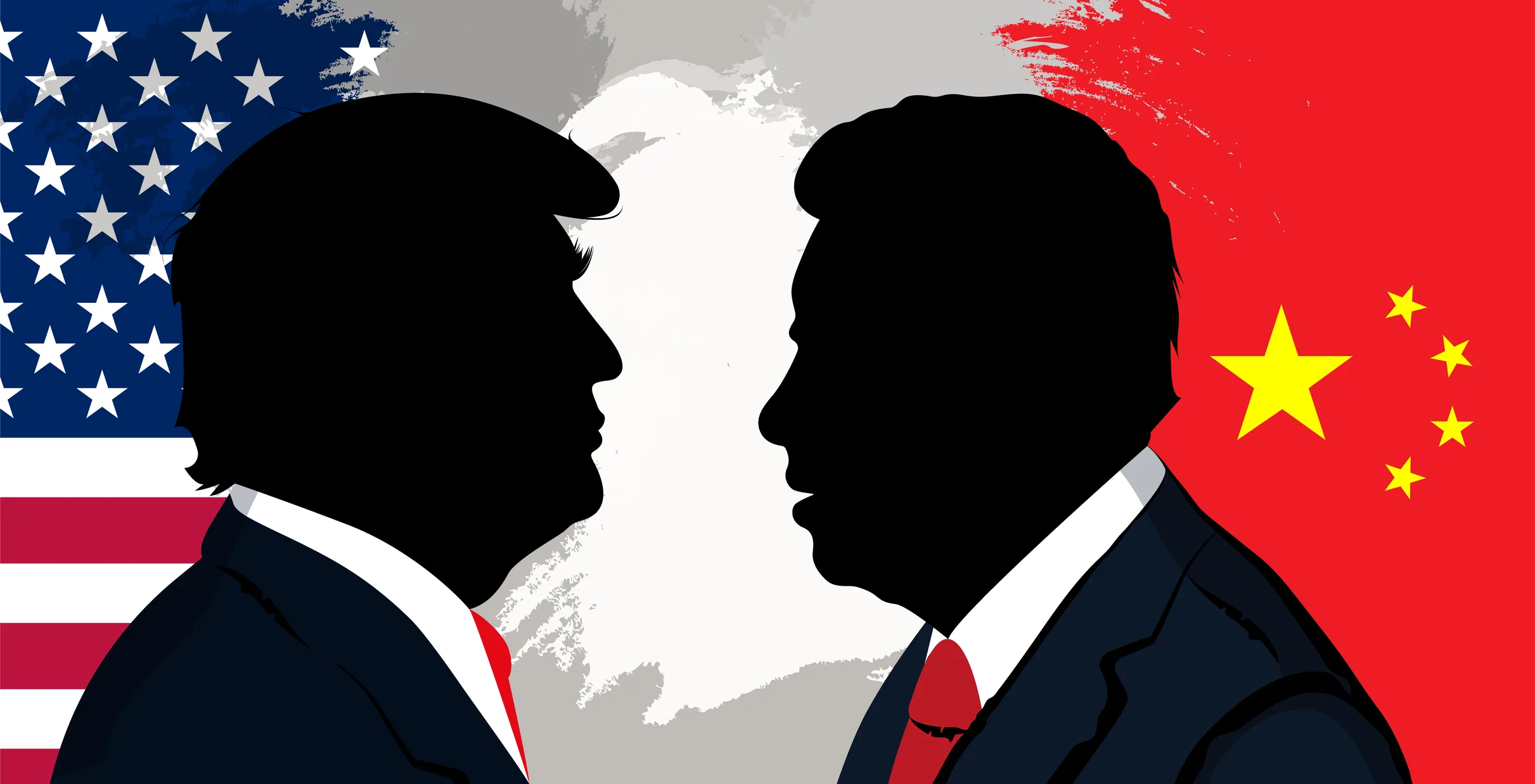 A graphic of Donald Trump and Xi Jinping silhouettes against the US and Chinese flags, illustrating the tech war.