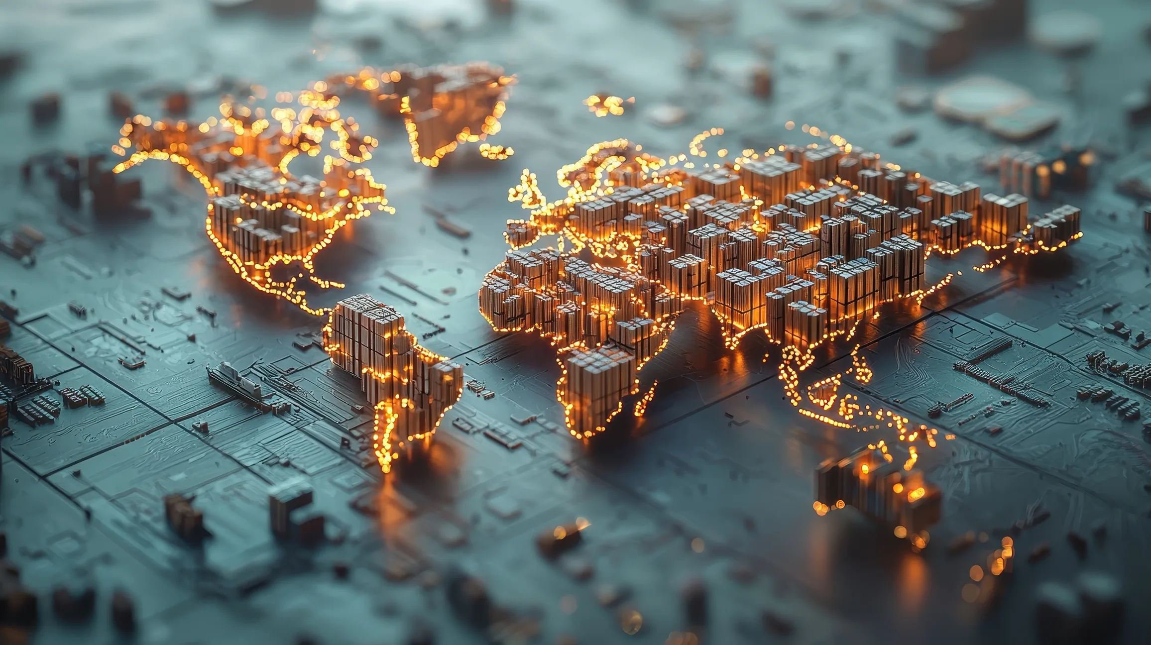 An illuminated world map built like a network of glowing city blocks, illustrating global interconnectedness and trade.