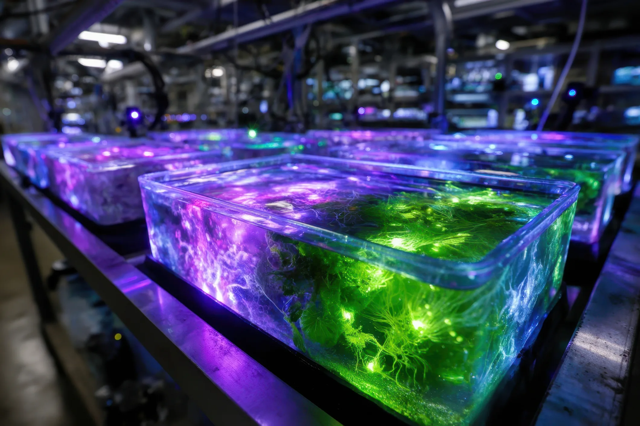 A lab with glowing, colorful containers holding liquid, an example of green tech
