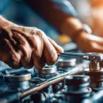 Mechanic using a wrench to adjust engine parts on an extended workbench