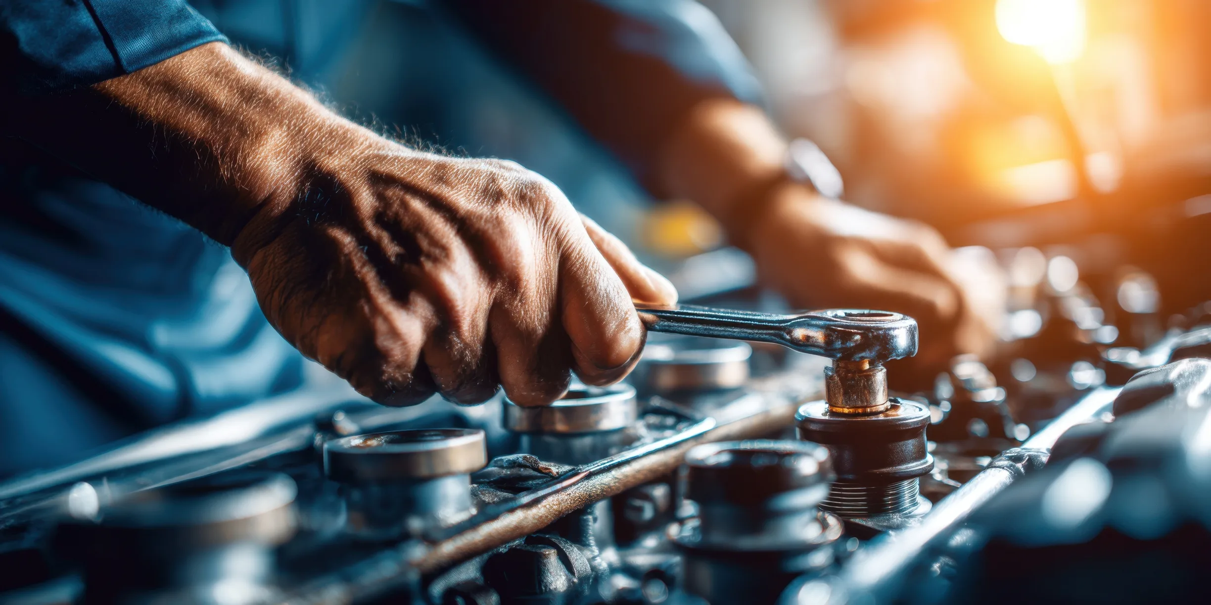 Mechanic using a wrench to adjust engine parts on an extended workbench
