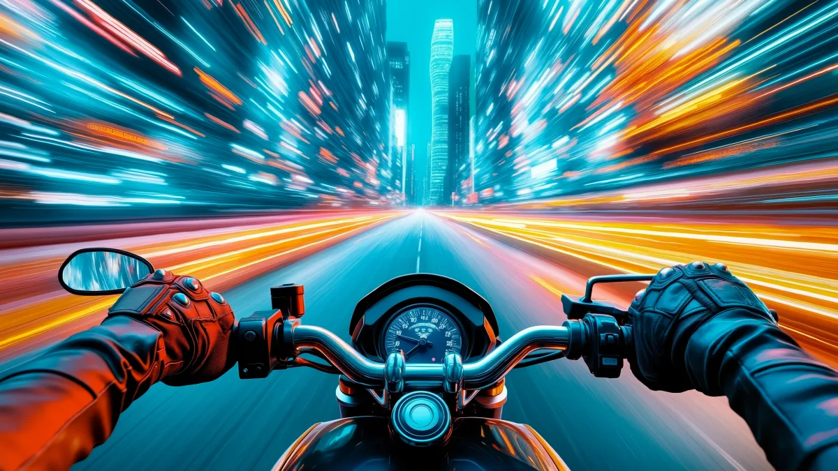 A motorcyclist's point of view while speeding, representing fast-paced business and embracing disruption.