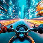 A motorcyclist's point of view while speeding, representing fast-paced business and embracing disruption.