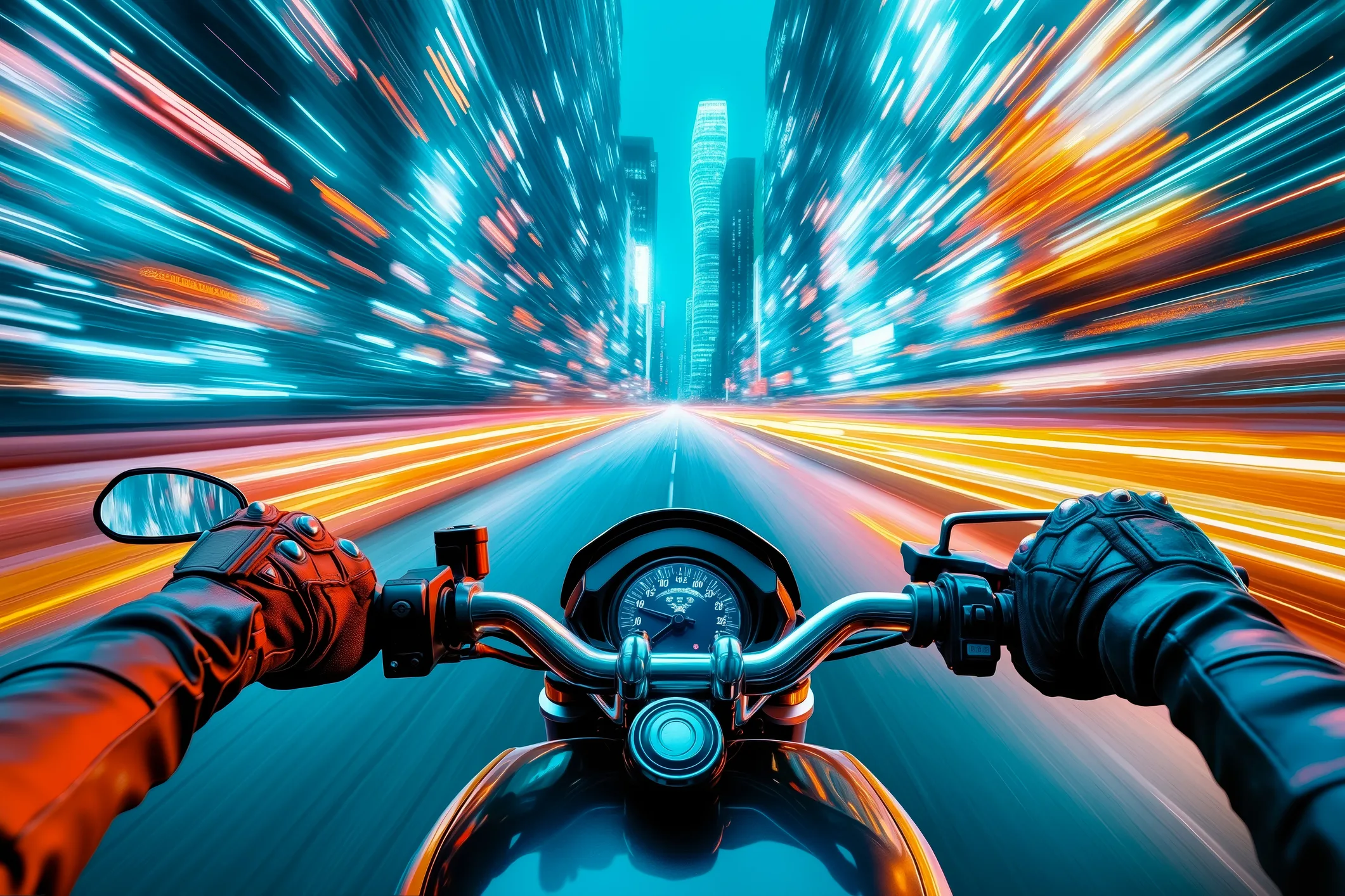 A motorcyclist's point of view while speeding, representing fast-paced business and embracing disruption.