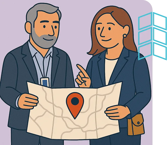 Illustration of two business people looking at a map with a location pin, representing investment destinations and attracting investors.