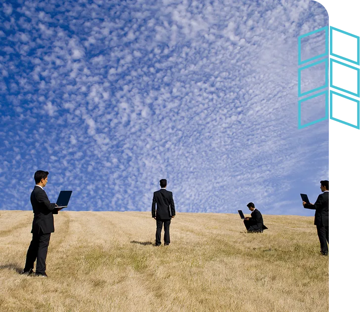 Professionals with devices in a field, representing analysis of IT metrics and market data.