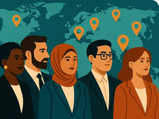 Illustrated diverse team in front of a global map with location pins, showing Reinvantage's worldwide impact