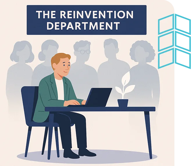 Illustration of a professional at a desk labeled “The Reinvention Department,” symbolizing strategic innovation and ongoing business transformation.