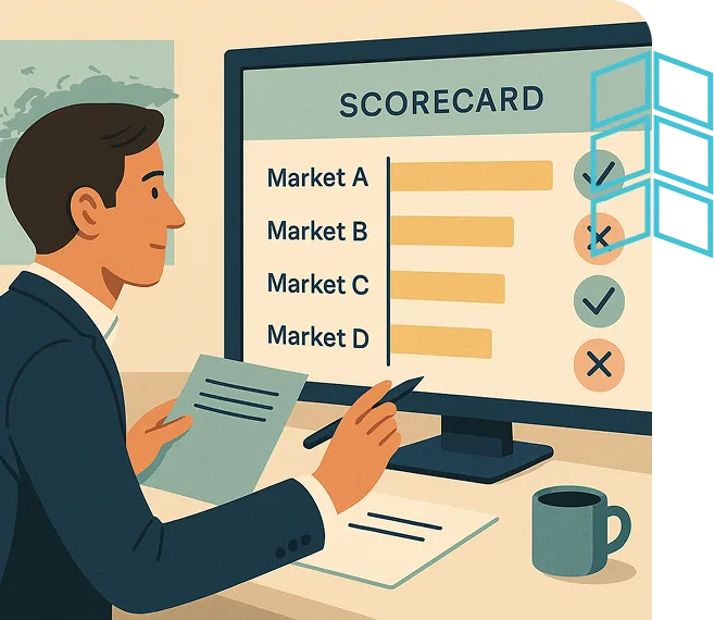 Illustration of a man analyzing a digital scorecard for market fit, representing a 'Strategic Fit Finder' business tool.