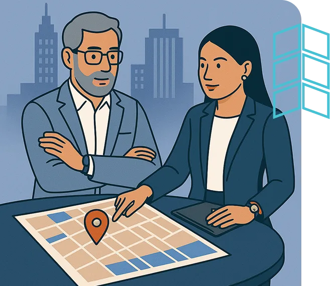 Illustration of two professionals looking at a map with a location pin, representing site selection and market expansion support.