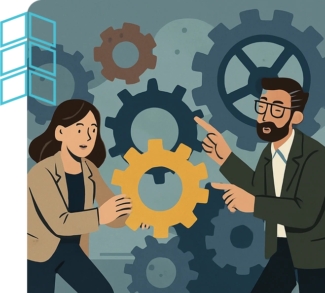 Professionals interacting with a central gear, signifying making organizations future-ready and driving action.