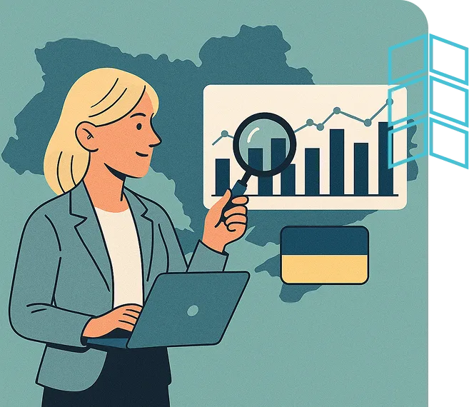 Woman analyzing tech data, highlighting Ukraine’s resilient digital sector and goals to support innovation.
