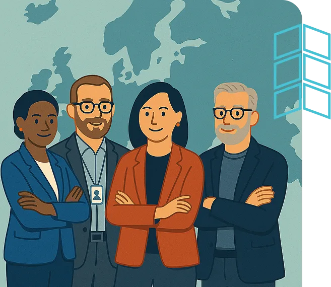 Illustration of diverse tech professionals in front of a map of Europe, representing the 'Tech Emerging Europe Advocates' community.