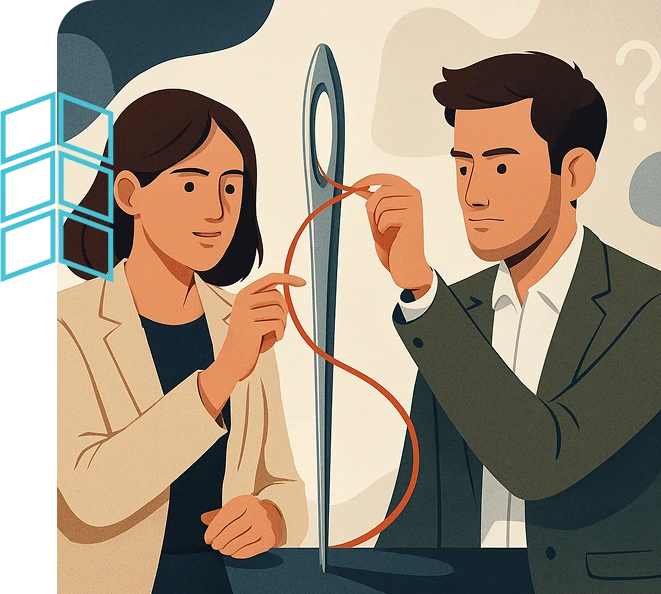 Professionals threading a needle, symbolizing the precision required to craft agile solutions for the future.