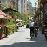 Tourists cycling through a lively pedestrian street in Budapest, Hungary, surrounded by outdoor cafés, red awnings, and summer greenery