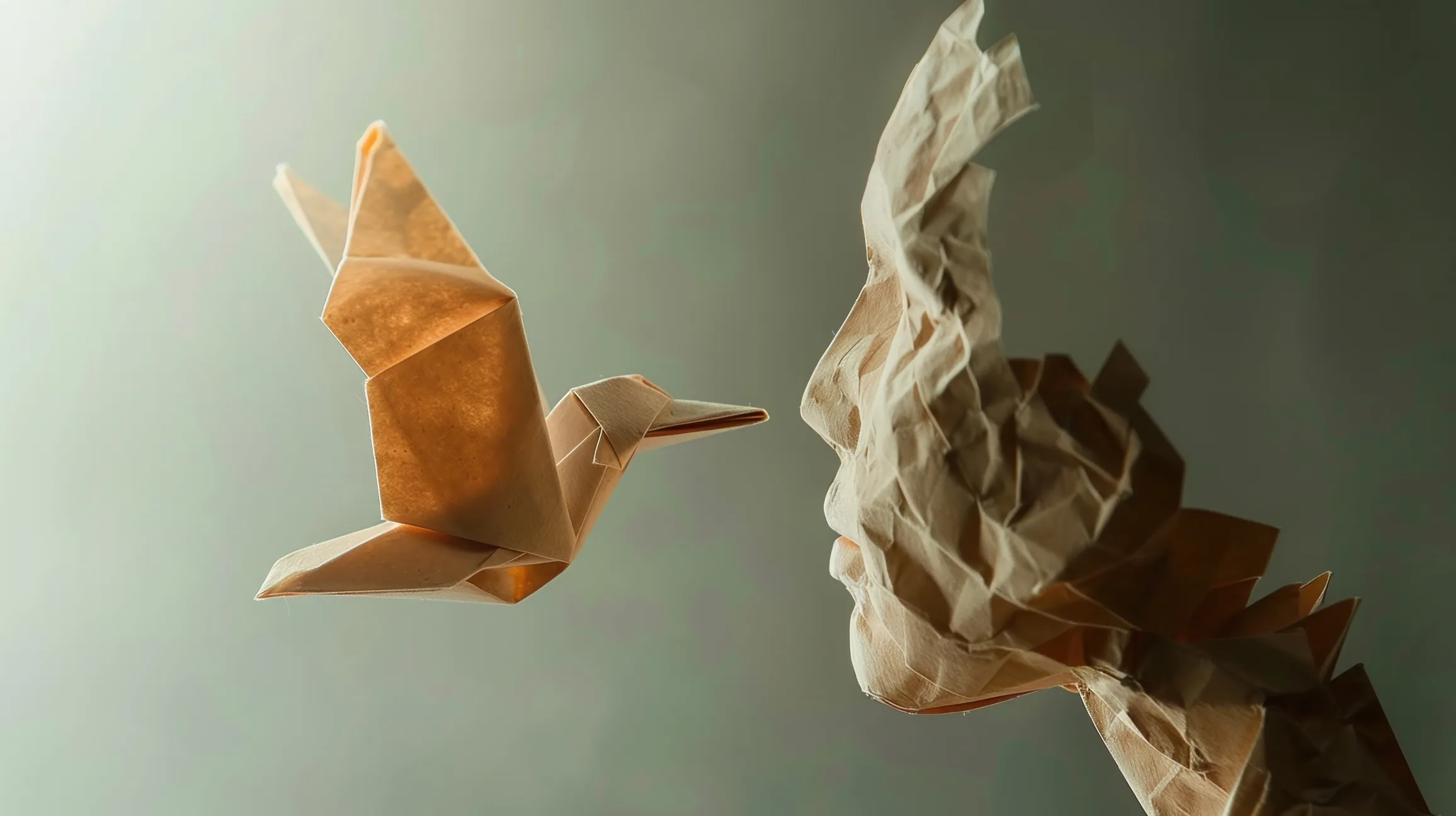 Origami bird facing a crumpled paper human form, capturing the discomfort and beauty of personal change and transformation.