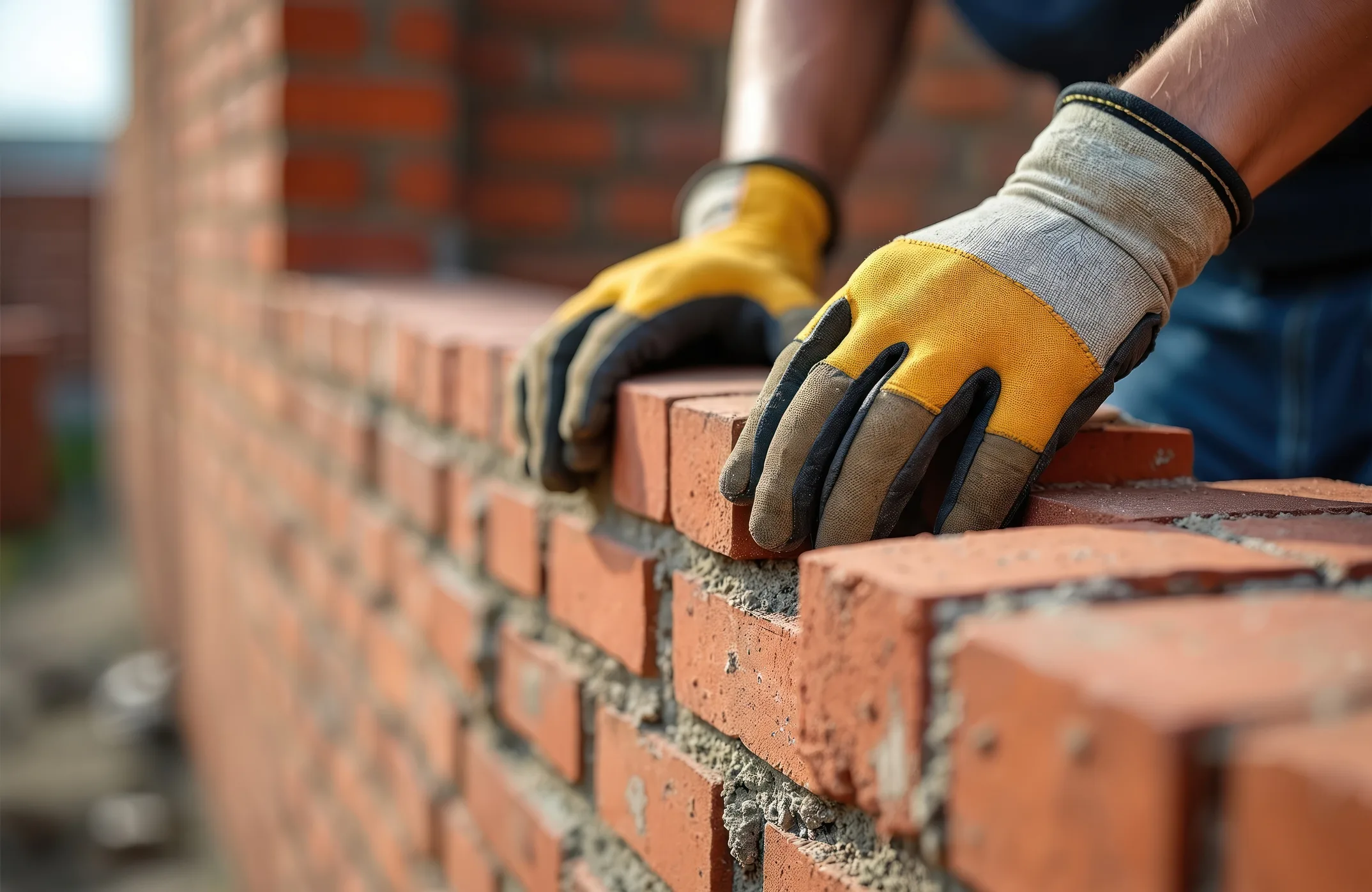 Construction worker laying bricks on a wall, symbolizing the industry’s productivity crisis and need for reinvention in the digital age.