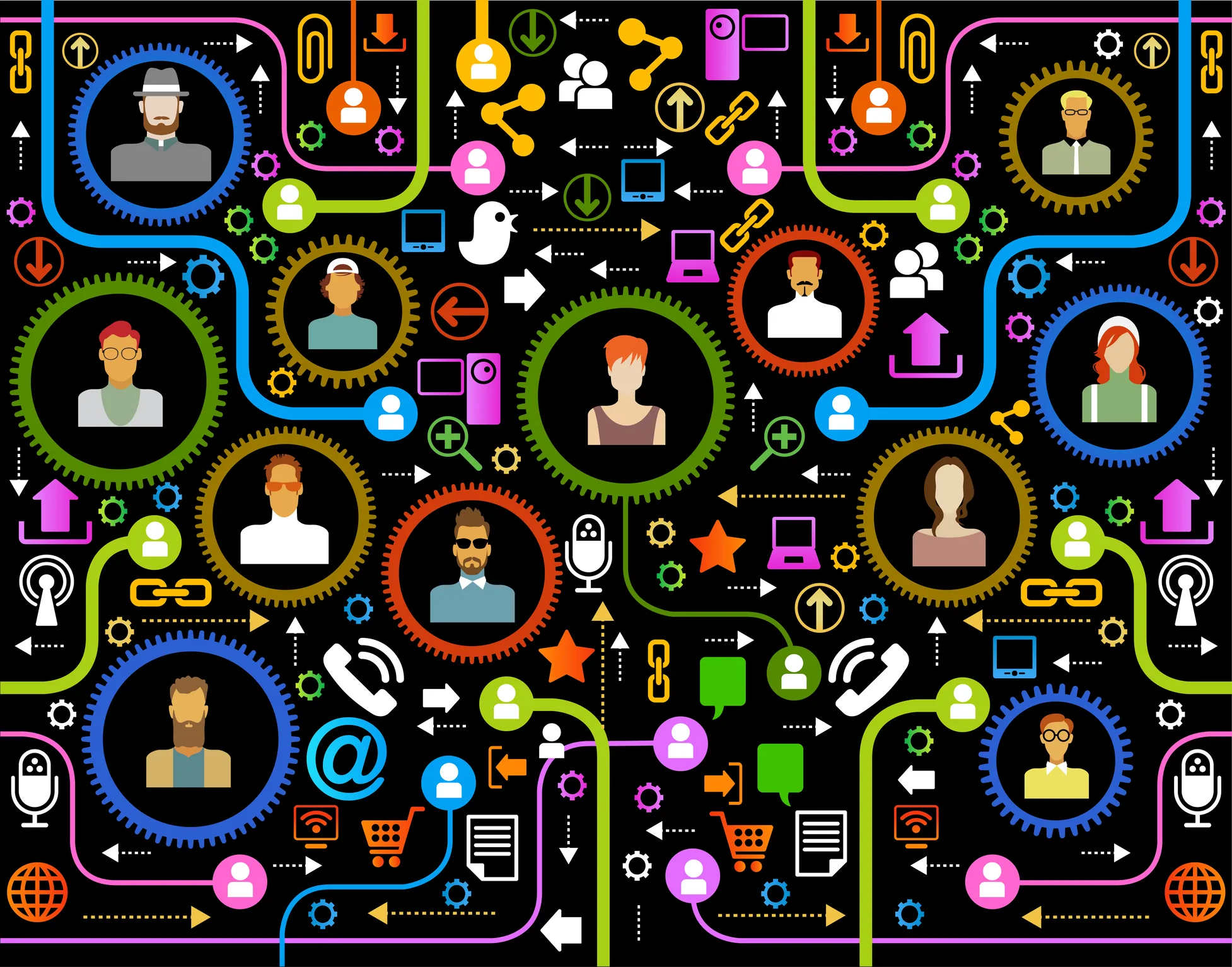 Colorful digital illustration of people and technology icons connected by arrows and gears, symbolizing the rise of Everything-as-a-Service (XaaS) in the subscription economy