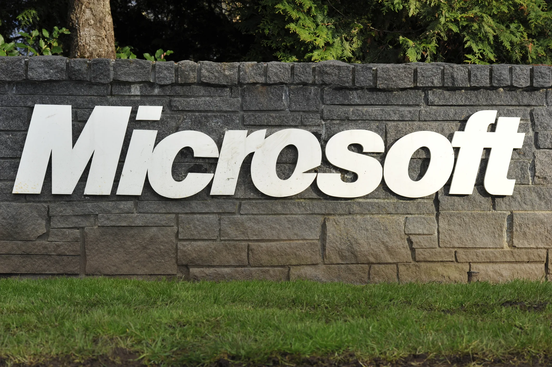 Microsoft logo on a stone wall outside company offices, symbolizing how big corporations like Microsoft risk losing relevance when reinvention, curiosity, and humility are ignored.