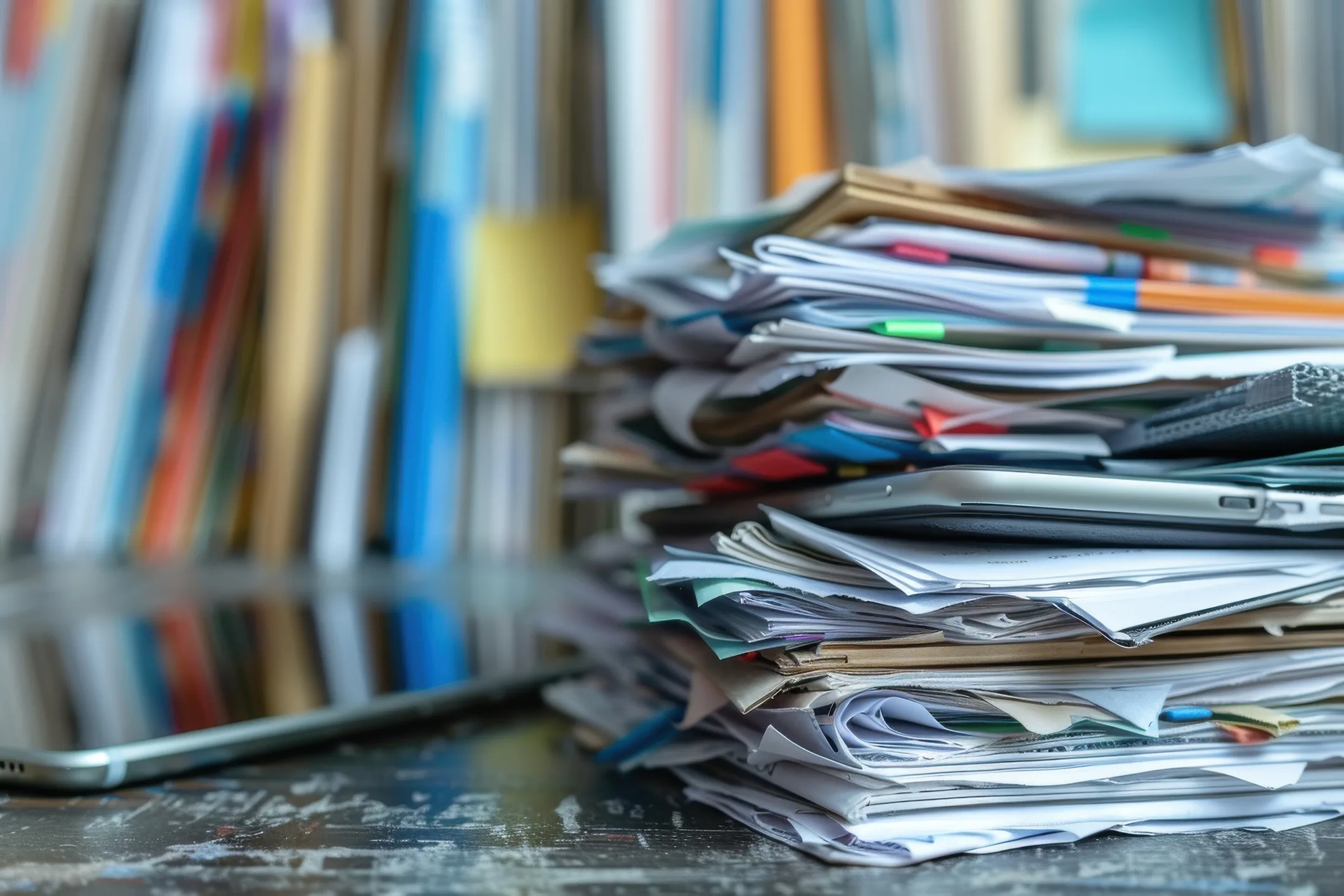 Stack of documents and files symbolizing information overload, reflecting the growing need for fact-checkers to verify truth in today’s democracy.