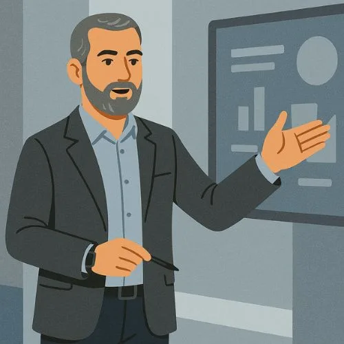 Illustration of a mentor or leader guiding a team member, with an upward trend chart and gears in the background, symbolizing leadership development and fostering decision-makers.