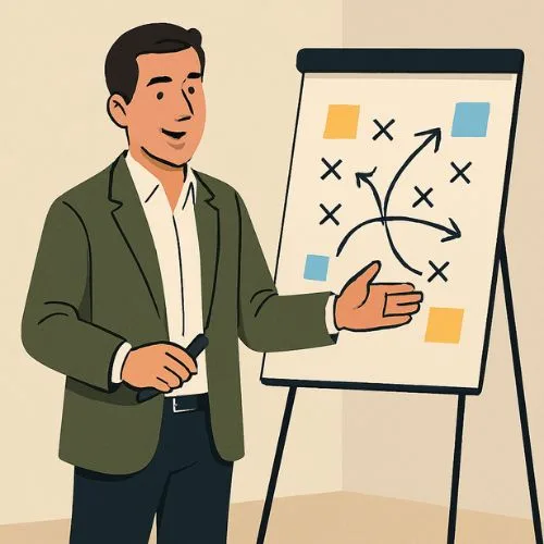Illustration of a business team collaborating around a whiteboard with a flowchart and sticky notes, representing strategic planning and execution-driven roadmaps.