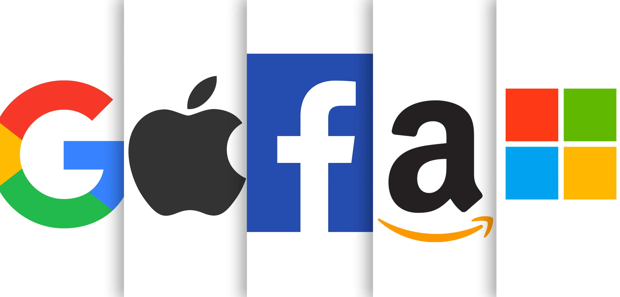 Logos of Google, Apple, Facebook, Amazon, and Microsoft, symbolizing EU Digital Markets Act rules targeting tech gatekeepers.