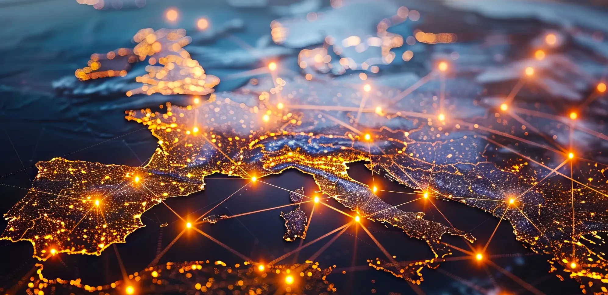 Digital map of Europe glowing with network connections, symbolizing EU ambitions to regulate artificial intelligence and lead globally.