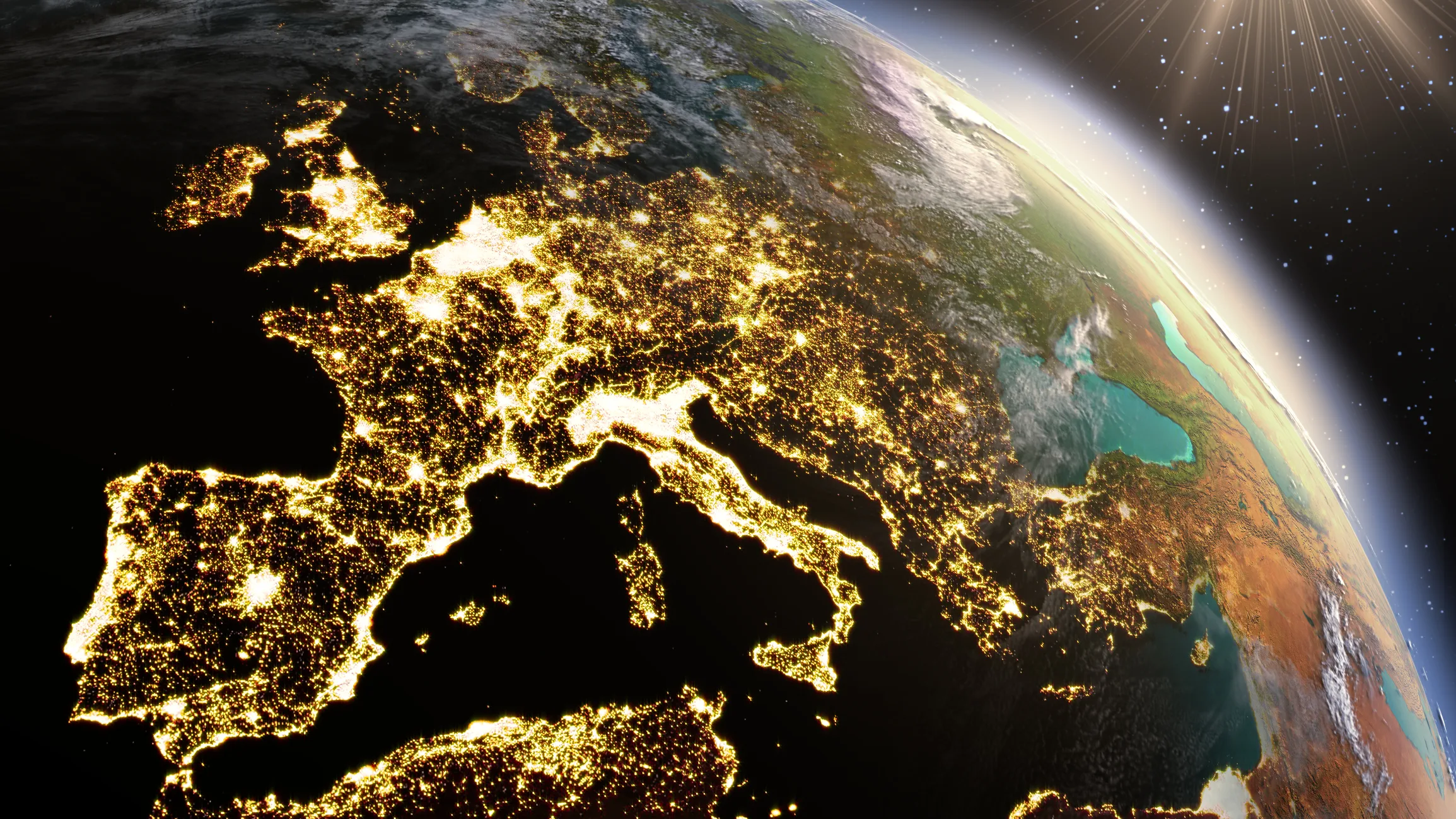 Glowing lights of Europe seen from space, symbolizing resilience, crisis, and the need for transformation.
