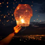 A hand releasing a lit sky lantern into the evening sky filled with floating lanterns, representing growth, reflection, and letting go of perfection.